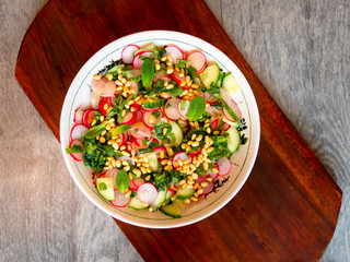 salad cucumber radishes mint pinenuts