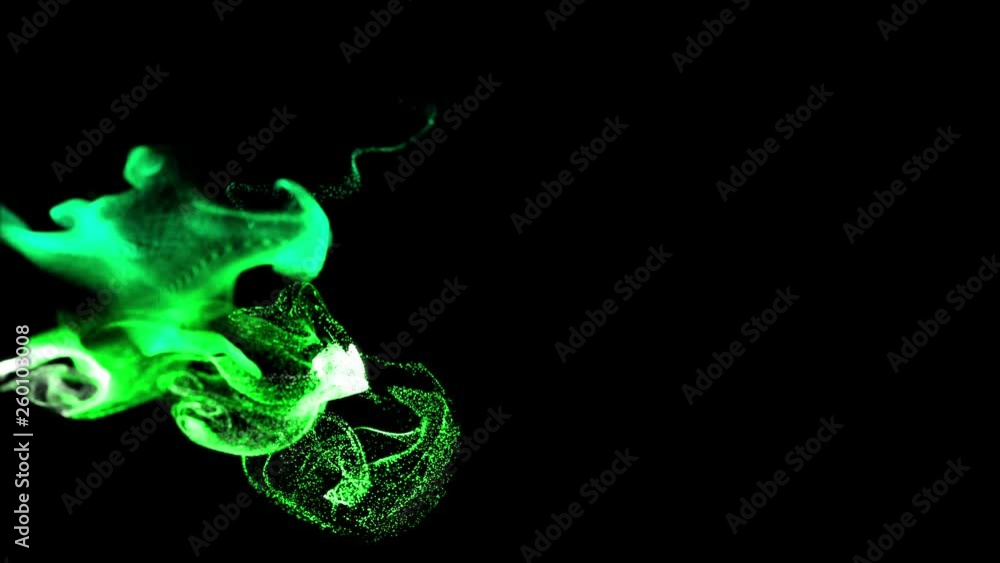 Poster 4k glow particles move in a stream of liquid in front of the camera in slow motion. 3d ink effect fo