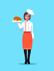 Professional chef cook woman character holding dish chicken. Culinary concept. Vector flat cartoon design graphic isolated illustration