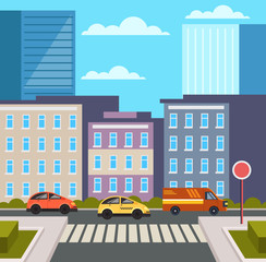 Modern city with cars on road. Vector flat cartoon design graphic illustration