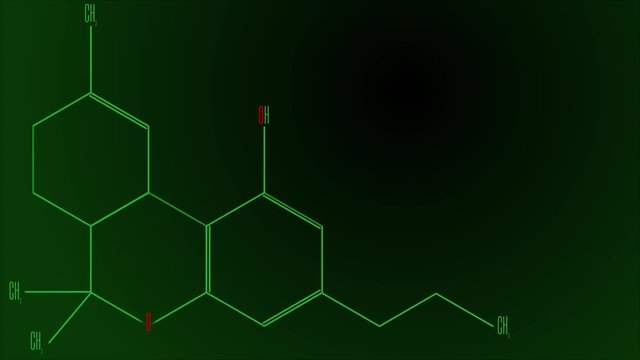 Animation green line draws the structural formula of the tetrahydrocannabinol molecule. Black and green gradient background