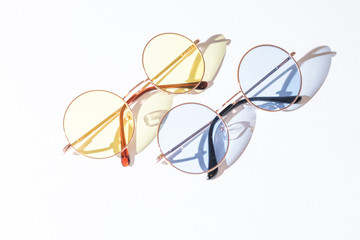 Glasses concept. Set of glasses with different eyeglass frame and transparent lenses on white...