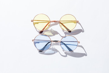 Glasses concept. Set of glasses with different eyeglass frame and transparent lenses on white...
