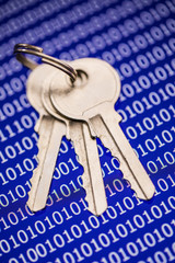 Keys isolated on programm code background. Programming, safity, networs