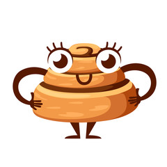 Mascot Bun with cinnamon. Freshly baked sweet cake. Baked pastry item. Cartoon character design. Flat vector illustration isolated on white background