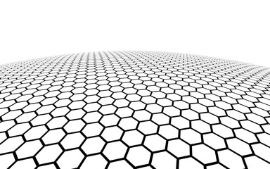 White honeycomb on a white background. Perspective view on polygon look like honeycomb. Ball, planet, covered with a network, honeycombs, cells. 3D illustration