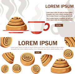 Bun with cinnamon. Freshly baked sweet cake. Baked pastry item. Flat vector illustration on white background. Place for text, web site page and mobile app design