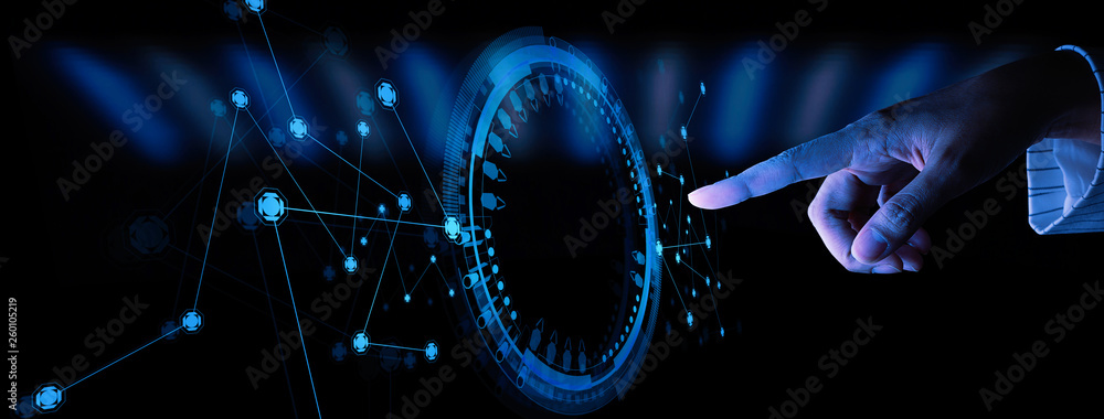 Fototapete Woman hand in suit using hud interface with Artificial intelligence Machine learning Business Internet Technology concept.