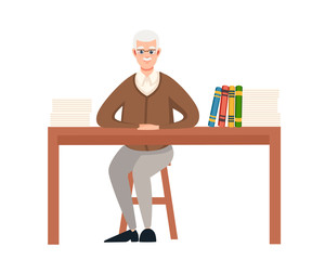 Senior teacher, professor sits by the table. Books and list on wooden table. Cartoon character design. Flat vector illustration isolated on white background