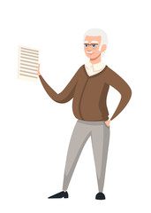 Senior teacher, professor standing in front, and hold the educational material on paper. Cartoon character design. Flat vector illustration isolated on white background