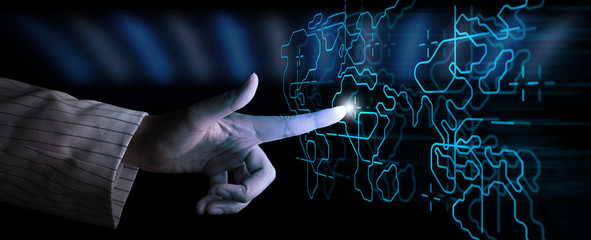 Businesswoman touching global network and data exchanges over the world with new technology interface.