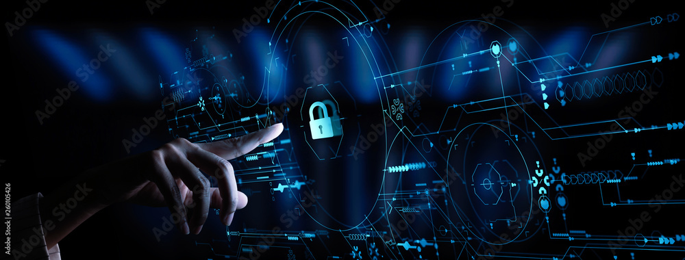 Poster Data protection Cyber Security Privacy Business with Woman hand pointing with UI.Internet Technology Concept.