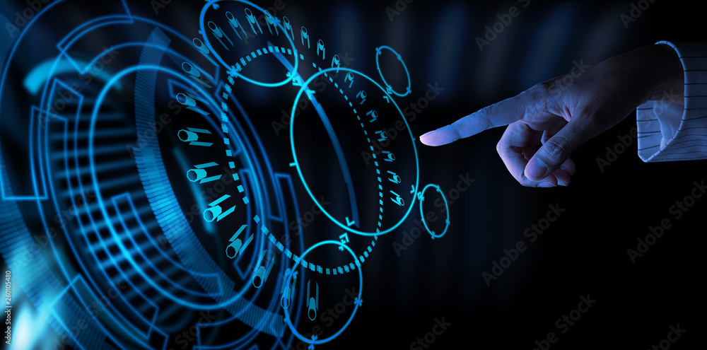Poster Woman hand in suit using hud interface with Artificial intelligence Machine learning Business Internet Technology concept.