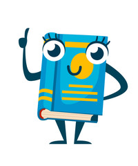 Blue book mascot. Cartoon character design. Flat vector illustration isolated on white background