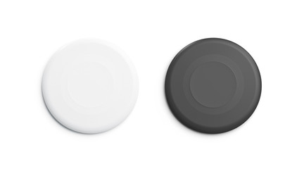 Blank black and white plastic frisbee mockup set, isolated, 3d rendering. Empty playing disc mock...
