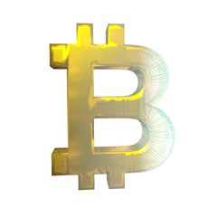 Bitcoin sign, the green grid turns into gold on white background. 3D illustration