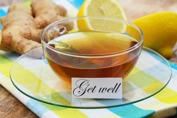 Get well card with cup of tea with fresh ginger and lemon