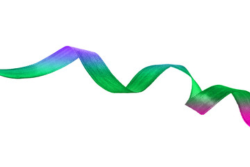 Green satin ribbon on a white background. Festive decor isolated on white background.