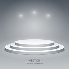 White pedestal with spotlight for product or person presentation. Template white grayscale background. Editable vector illustration.