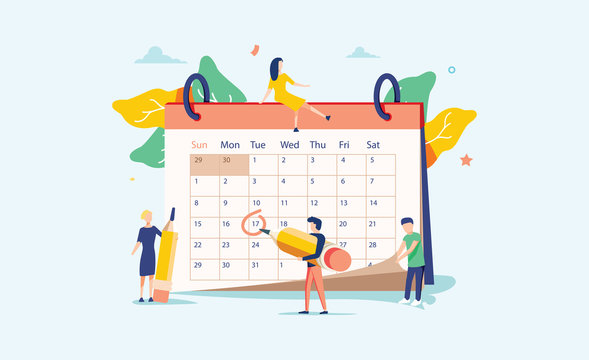 Planning vector illustration. Flat mini persons concept with schedule calendar. System to organize daily routine.