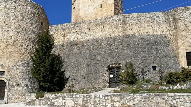 Pettorano sul Gizio, Abruzzo, Italy - March 15, 2019: Panoramic shot of the castle square