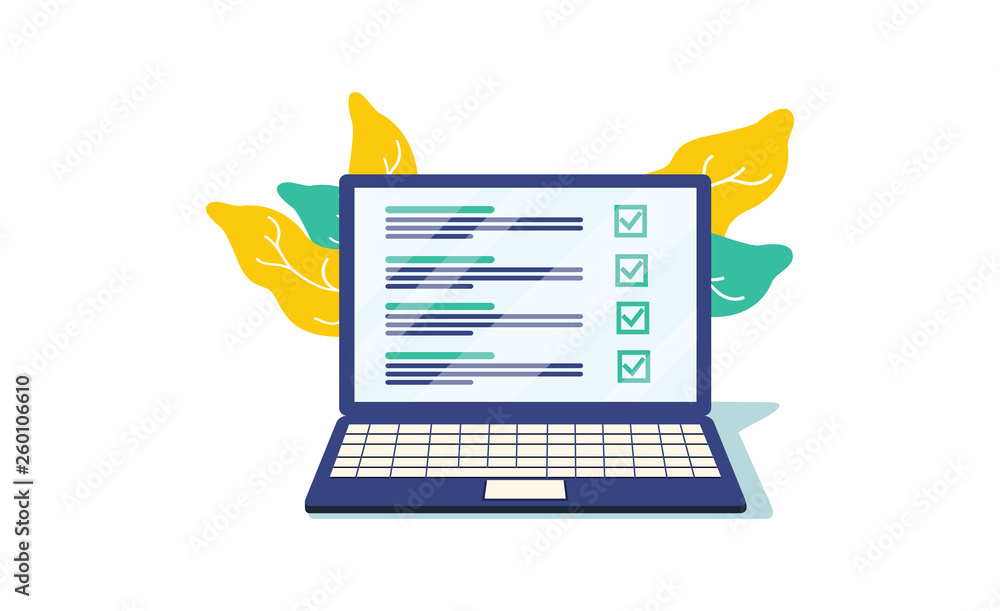 Poster checklist browser window. check mark. white tick on laptop screen. choice, survey concepts. elements
