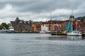 Seafront of the historical district Bryggen in a cloudy day, Norway