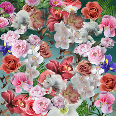 Floral pattern on blue ice grunge background