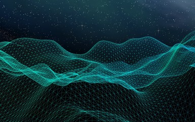 Abstract landscape on a dark background. Cyberspace grid. Hi-tech network. Outer space. Starry outer space texture. 3D illustration