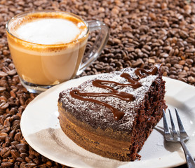 Cake and hot coffee drink