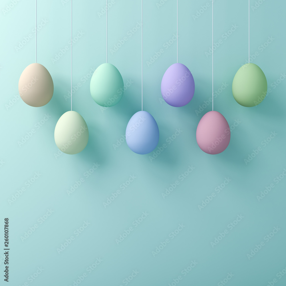 Poster hanging easter eggs on green blue pastel color wall background with shadows 3d rendering