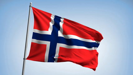 Waving flag of Norway. Kingdom of Norway. The flagpole is street.