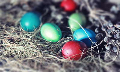 Easter painted eggs on burlap