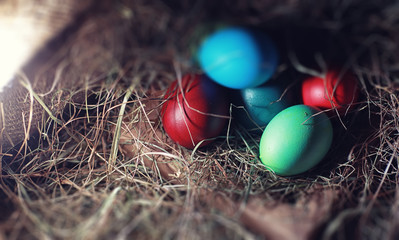 Easter painted eggs on burlap