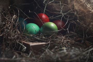 Easter painted eggs on burlap