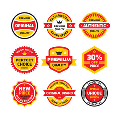 Set retro business badge vector illustration set in flat style. Vintage premium logo collection. Authentic original quality. Satisfaction guaranteed. Sticker, label and emblem graphic design elements.