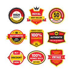Set retro business badge vector illustration set in flat style. Vintage premium logo collection. Authentic vintage design. Satisfaction guaranteed. Sticker, label and emblem graphic design elements.