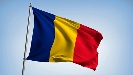 Waving the flag of Romania on the flagpole. Romanian Republic, EU - colors of the flag. Illustration