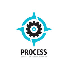 Process - vector business logo template concept illustration. Gear electronic factory sign. Cog wheel icon in rose wind symbol. SEO emblem. GPS setting. Graphic design element.