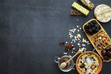 Healthy breakfast. Muesli from cereals with milk berries.