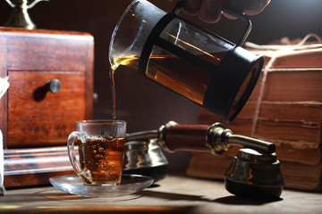 Brewing tea on a wooden table