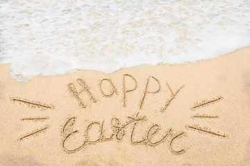 Happy easter lettering background with eggs on the sandy beach