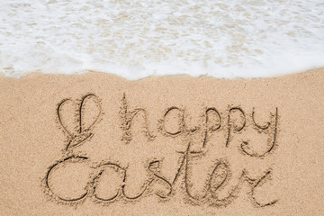 Happy easter lettering background on the sandy beach