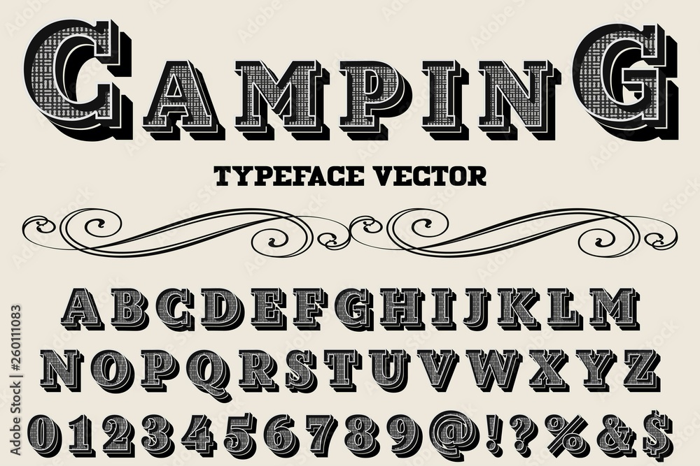 Poster font alphabet script typeface handcrafted handwritten vector label design old style.shadow effect.vi