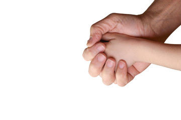 Old man`s hand holding child's hand isolated on white. Two generation. Part of set.