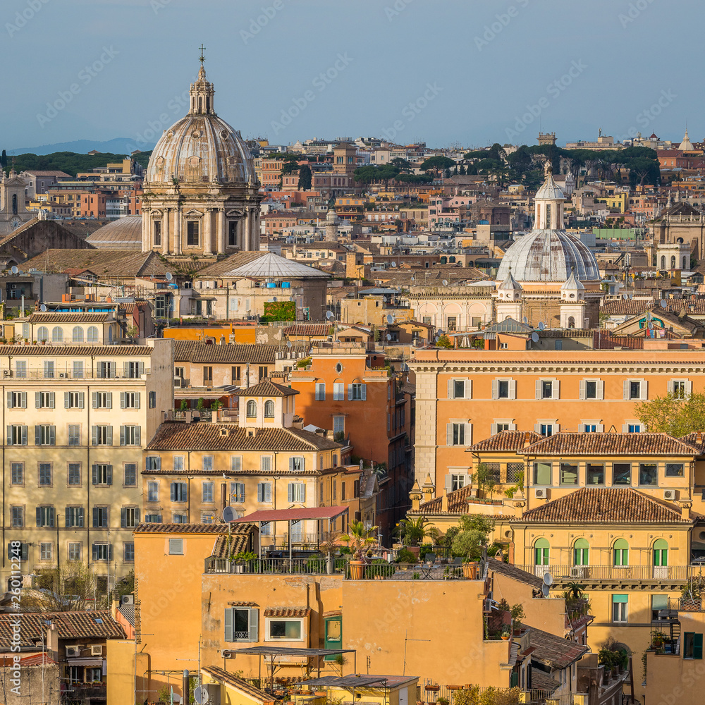 Wall mural Panorama from the Gianicolo Terrace with the dome of Sant'Andrea della Valle and Santissima Trinità dei Pellegrini church in Rome, Italy.