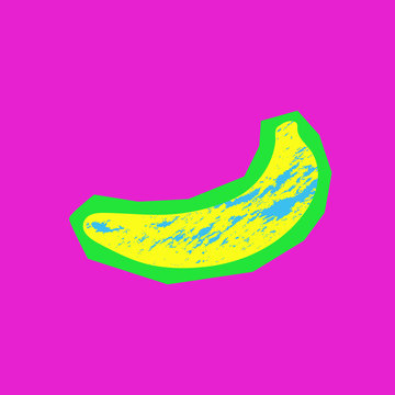 Yellow banana with grunge blue texture on cut green paper in zin style. Pop Art. Exotic tropical fruit. Psychedelic picture. Vector illustration.