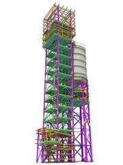 BIM model of a building with a tank made of metal structures. Drawing columns, beams, railings. Building Information Modeling for owners, managers, designers, engineers, and contractors. 3D rendering.