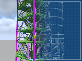 BIM model of a building with a tank made of metal structures. Drawing columns, beams, railings. Building Information Modeling for owners, managers, designers, engineers, and contractors. 3D rendering.
