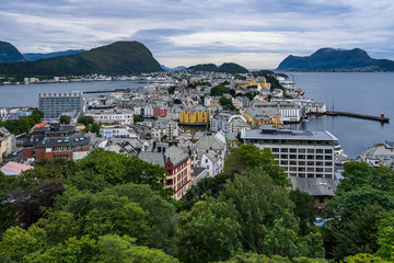 Fototapeta na wymiar Alesund cityscape viewed form Mount Aksla, which offers a splendid panorama of the city, More og Romsdal, Norway